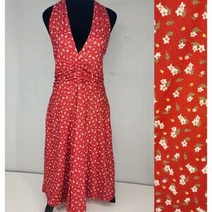Red Halter Ditsy Floral Cinched Fit Flare Skater Dress Size Large